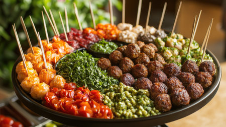 A beautifully arranged platter of meatballs served at a party, paired with toothpicks and colorful dips, making it an attractive centerpiece for gatheringsの素材
