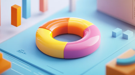 A D donut chart with vivid sections detaching from the circle, symbolizing data analysis, set in a modern, sleek digital space with floating numbers.の素材