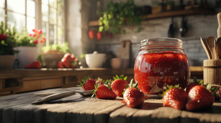A beautiful jar of homemade strawberry jam sitting on a rustic kitchen counter, surrounded by fresh strawberries and baking utensils, evoking a cozy atmosphereの素材