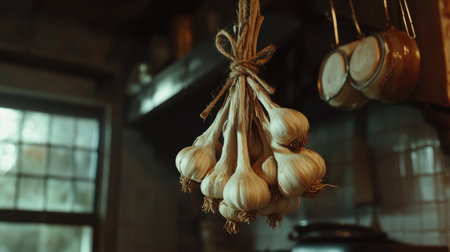 A bundle of fresh garlic bulbs tied with twine, hanging in a kitchen setting, with natural light filtering through, emphasizing their rustic, homely feel.の素材