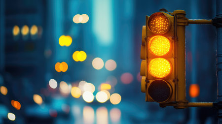 A close-up of a yellow traffic light glowing brightly during dusk, with blurred city lights creating a beautiful bokeh effect in the backgroundの素材