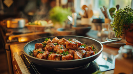 A cozy home kitchen with a pan of sizzling deep-fried pork belly, complemented by aromatic herbs and spices, creating a warm and inviting atmosphereの素材