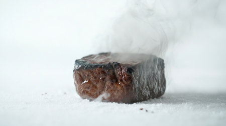 A close-up of a sizzling steak on a grill, with smoke rising and grill marks visible, capturing the essence of cooking and the delicious aroma, against a simple white background.の素材