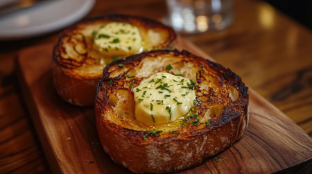 A close-up of golden-brown toasted bread, perfectly crispy, topped with a generous layer of creamy butter and a sprinkle of herbs, served on a rustic wooden board.の素材