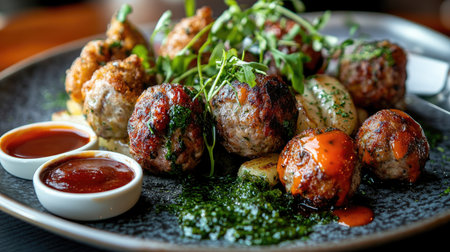 A close-up shot of a plate filled with various types of meatballs, garnished with fresh herbs and served with dipping sauces, showcasing a mouthwatering appetizerの素材