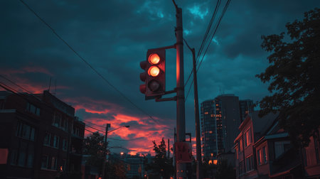 A close-up shot of a vibrant red traffic light glowing against a darkening sky, emphasizing its importance in regulating urban traffic flowの素材