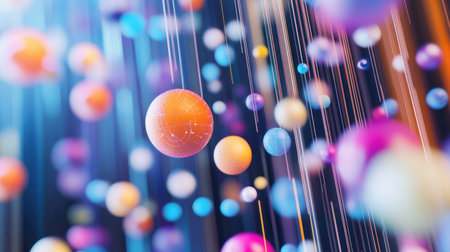 A colorful D bubble chart with varying-sized spheres representing different data points, floating dynamically in a tech-inspired environment.の素材