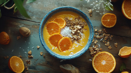 A creative flat lay of a delicious orange smoothie bowl garnished with granola, coconut flakes, and slices of fresh fruit, set on a rustic wooden tableの素材
