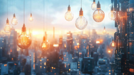 A futuristic cityscape with floating light bulbs representing innovative ideas and concepts, showcasing the potential of creativity in shaping the futureの素材