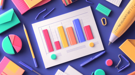 A financial report with bar and pie charts printed on paper, surrounded by office supplies, representing business performance analysis.の素材