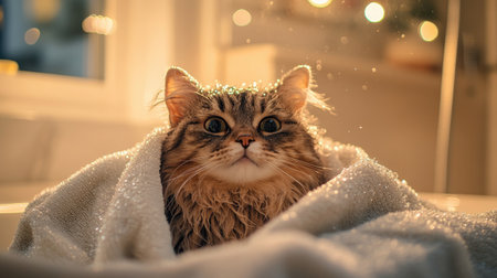 A fluffy cat drying off with a towel after a bath, with water droplets glistening on its fur, surrounded by soft lighting in a bathroomの素材