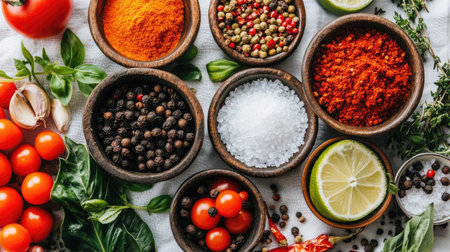 A flat lay of an assortment of spices including black pepper, sea salt, and herbs, arranged in small bowls on a textured linen tablecloth for a rustic vibeの素材
