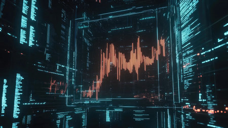 A futuristic financial chart with glowing lines and bars on a digital screen, showing rising business profits and market share growth.の素材