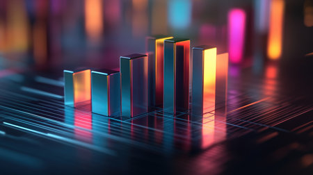 A glowing D bar graph with metallic, multicolored bars representing financial data, set on a sleek, futuristic digital platform with soft shadows.の素材