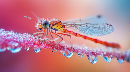 A macro shot of a tiny insect resting on a dewy leaf, with droplets of water glistening around it, highlighting the beauty of nature's detailsの素材