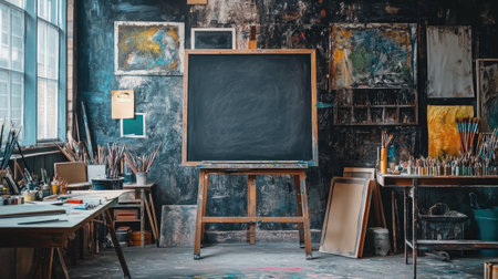 A motivational quote displayed on a chalkboard in a creative studio, surrounded by art supplies, inspiring creativity and the pursuit of innovative ideasの素材