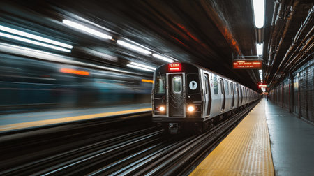 A long exposure image capturing a train speeding through a subway tunnel, with motion blur effects creating a sense of movement and energyの素材