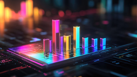 A glowing D bar graph with metallic, multicolored bars representing financial data, set on a sleek, futuristic digital platform with soft shadows.の素材