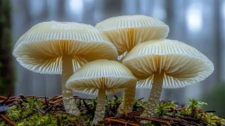 A group of delicate white mushrooms emerging from a damp, mossy forest floor, with soft light filtering through the surrounding treesの素材