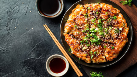 Enjoy a beautifully plated okonomiyaki, a savory Japanese pancake topped with scallions and sesame seeds, perfect for a delightful dining experience.の素材