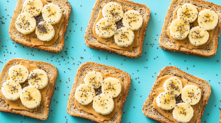 A vibrant overhead photo features slices of toast topped with creamy peanut butter, banana slices, and chia seeds. Perfect for healthy eating.の素材