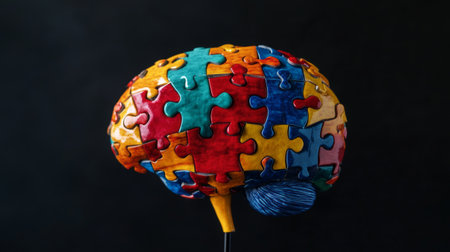This vibrant brain model features a puzzle design, symbolizing creativity and mental health. Its colorful representation signifies intellect and imagination, ideal for educational and artistic contexts.の素材