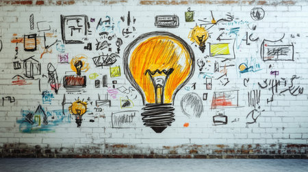 Vibrant illustration of a light bulb surrounded by creative sketches and graffiti on an urban wall, symbolizing innovation and artistic expression in a lively workspace.の素材