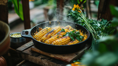 Enjoy the vibrant and fresh look of grilled corn on the cob garnished with herbs, captured in a rustic outdoor kitchen setting. Perfect for summer meals.の素材