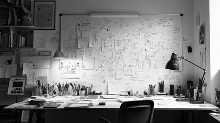 A minimalist black and white image depicting a creative workspace filled with sketches, notes, and design tools, showcasing inspiration and organization in a study environment.の素材