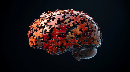 This abstract image depicts a brain composed of colorful puzzle pieces, symbolizing the complexities of thought and creativity in human cognition.の素材