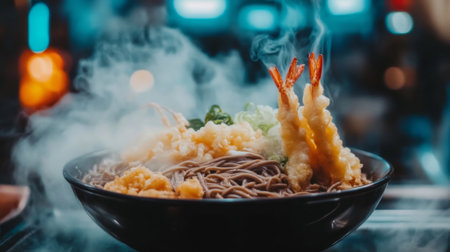 This enticing image showcases a bowl of soba noodles topped with crispy shrimp tempura and fresh garnishes, all enveloped in steam, evoking warmth and deliciousness.の素材
