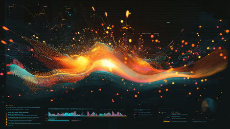 Vibrant abstract data visualization featuring dynamic waves and colorful particles, ideal for technology and innovation themes in graphic design projects.の素材