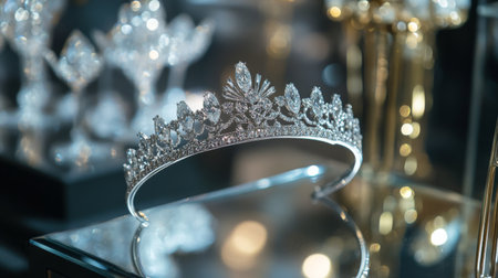 This exquisite silver tiara showcases intricate design and sparkling gemstones, perfect for events where elegance and glamour are desired. Ideal for fashion and costume contexts.の素材