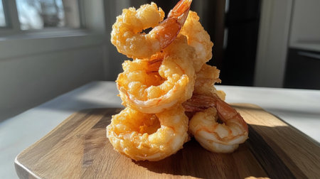 A delectable stack of crispy golden fried shrimp served on a wooden board. Perfect for appetizers, snacks, or gourmet dining experiences, showcasing savory goodness.の素材