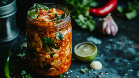 A close-up view of a jar filled with spicy fermented vegetables, garnished with fresh herbs, showcasing vibrant colors and rich textures perfect for culinary exploration.の素材