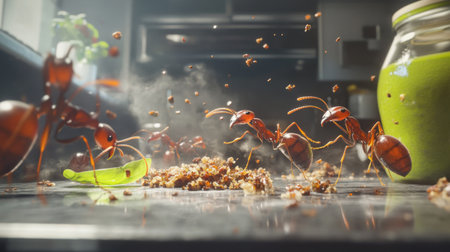 A vibrant scene depicting busy ants scavenging food particles in a kitchen. This close-up captures their teamwork and energy in a domestic environment, showcasing nature's persistence in urban spaces.の素材