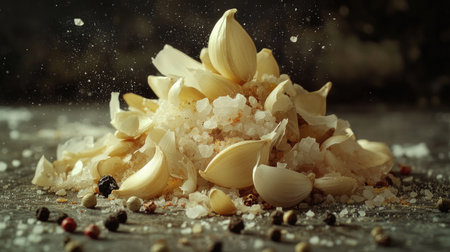 A pile of garlic bulbs and peeled cloves, arranged in a rustic setting, with coarse sea salt and peppercorns around, creating a natural, earthy composition.の素材