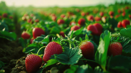 A picturesque strawberry field with rows of lush green plants, dotted with bright red strawberries, inviting visitors to pick their own fruit under the sunの素材