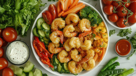 A plate of crispy tempura shrimp surrounded by an assortment of fresh vegetables and dipping sauces, showcasing a delightful mix of textures and flavorsの素材