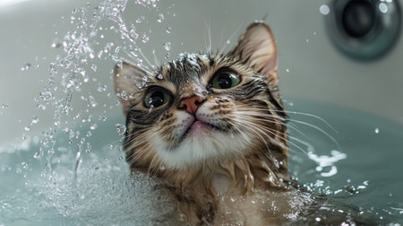 A playful scene of a cat chasing water sprays in a bathtub, with its fur getting wet and a joyful expression on its faceの素材