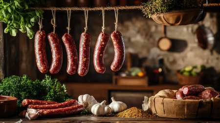 A rustic kitchen scene with homemade sausages hanging from hooks, surrounded by fresh ingredients like garlic, herbs, and spices, illustrating the art of sausage makingの素材