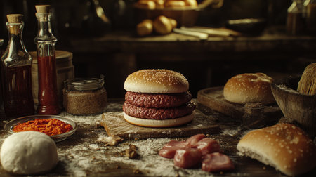 A rustic kitchen scene showcasing a homemade burger preparation, with fresh ingredients laid out, like ground beef, spices, and buns, emphasizing the cooking process.の素材