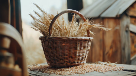 A rustic basket filled with ears of wheat, placed on a wooden table with grains spilling around, embodying a traditional harvest feelの素材