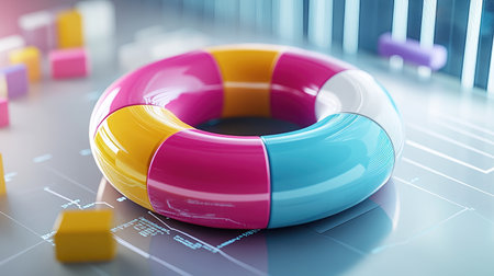 A D donut chart with vivid sections detaching from the circle, symbolizing data analysis, set in a modern, sleek digital space with floating numbers.の素材