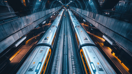 An aerial view of a modern train station with sleek architecture, featuring multiple platforms and trains, showcasing the efficiency of urban transportationの素材