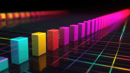 A D financial bar graph with colorful bars against a dark grid, showcasing upward business trends and financial growth in a futuristic styleの素材