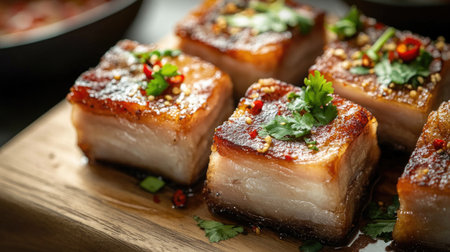 A close-up of crispy pork belly pieces arranged on a wooden board, garnished with fresh herbs and chili, emphasizing the dish's rich textures and flavors.の素材