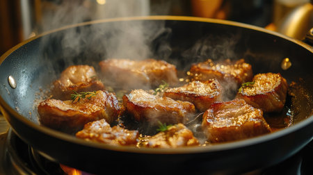 A cozy home kitchen with a pan of sizzling deep-fried pork belly, complemented by aromatic herbs and spices, creating a warm and inviting atmosphereの素材