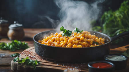 A steaming corn dish presented in a black pan, garnished with fresh herbs and spices. Perfect for a rustic kitchen setting, highlighting delicious flavors.の素材