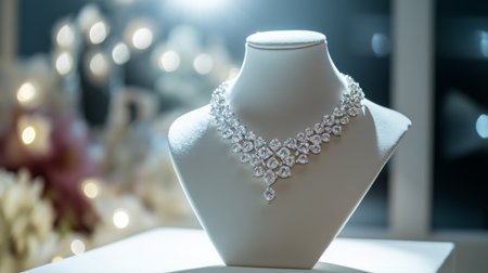 This stunning image showcases an elegant diamond necklace displayed on a white bust, set against a soft bokeh background, radiating luxury and sophistication.の素材